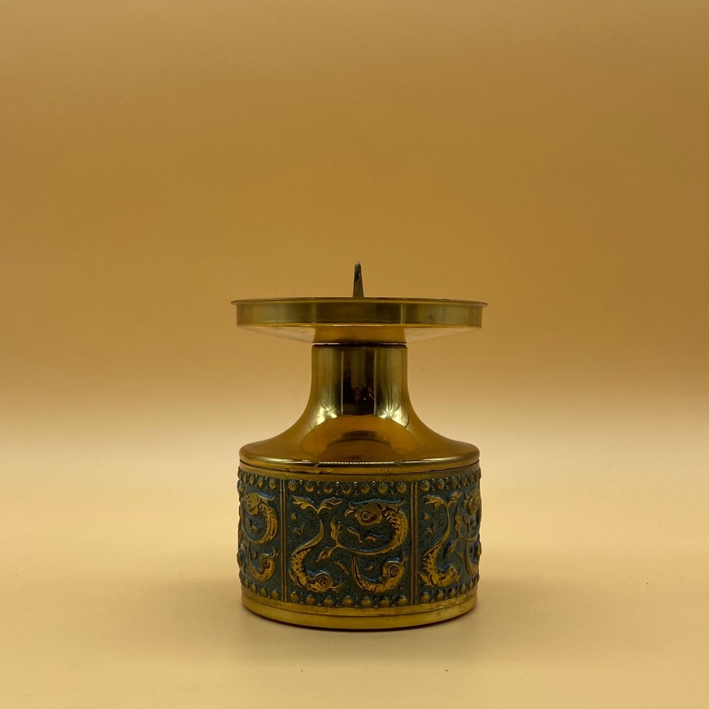 Vintage brass candle holder blue enamel - 0021CE